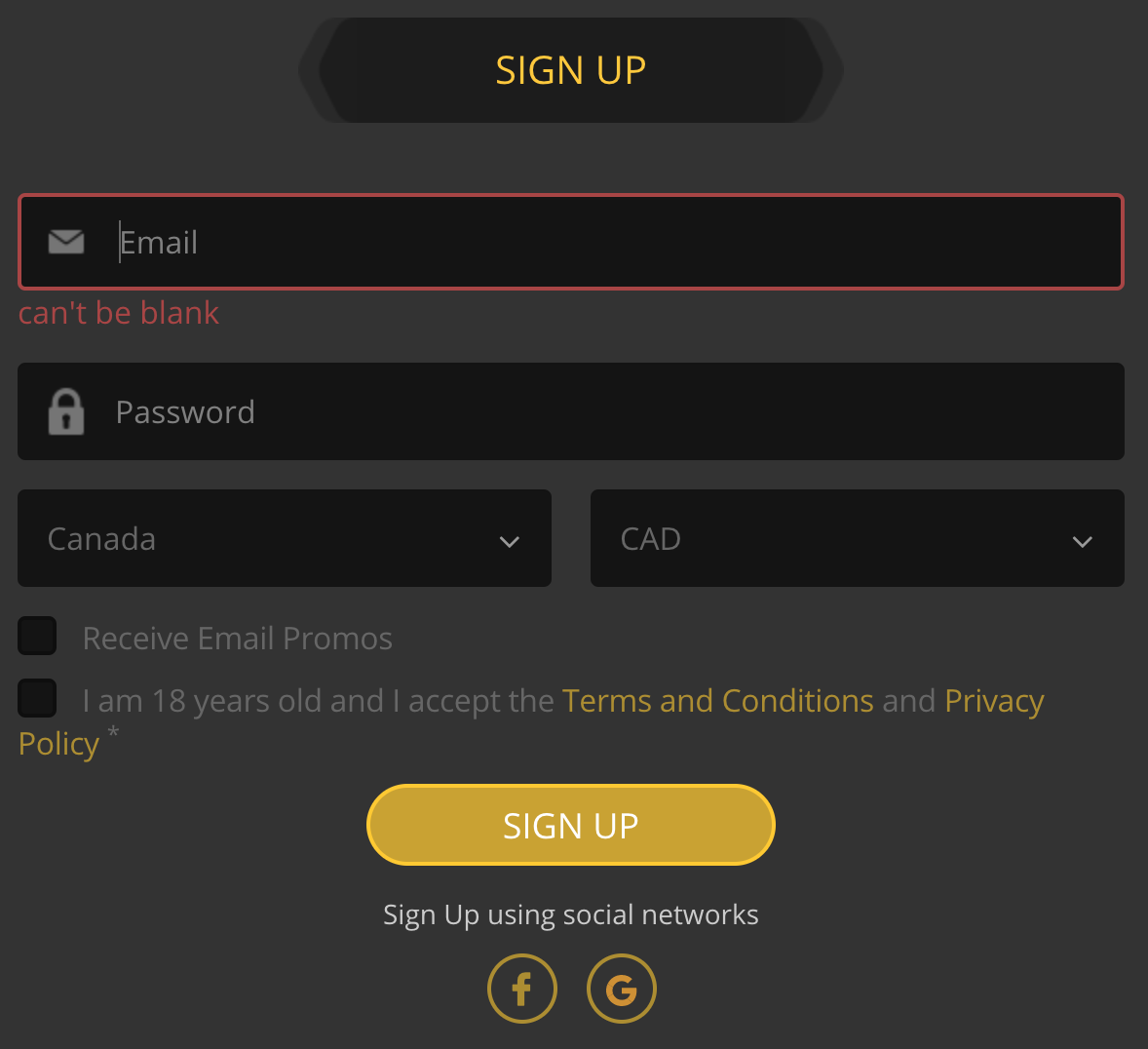 Golden Star Casino Sign-Up Form